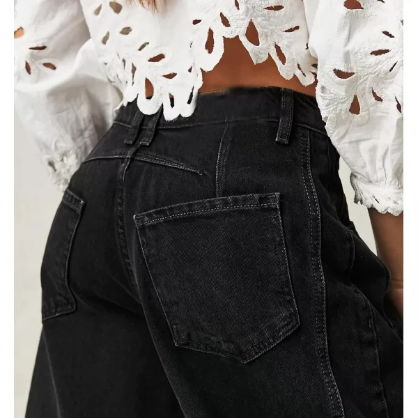 chouyatou Womens Boyfriend Wide Leg Denim Pants Y2K Baggy Mid Rise Casual Dressy Barrel Jeans with PocketsBlack