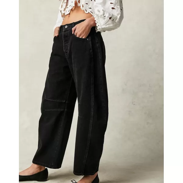 chouyatou Womens Boyfriend Wide Leg Denim Pants Y2K Baggy Mid Rise Casual Dressy Barrel Jeans with PocketsBlack