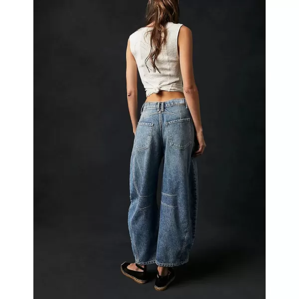 chouyatou Womens Boyfriend Wide Leg Denim Pants Y2K Baggy Mid Rise Casual Dressy Barrel Jeans with PocketsBlue