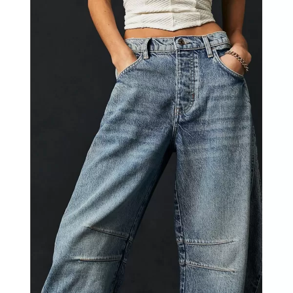 chouyatou Womens Boyfriend Wide Leg Denim Pants Y2K Baggy Mid Rise Casual Dressy Barrel Jeans with PocketsBlue