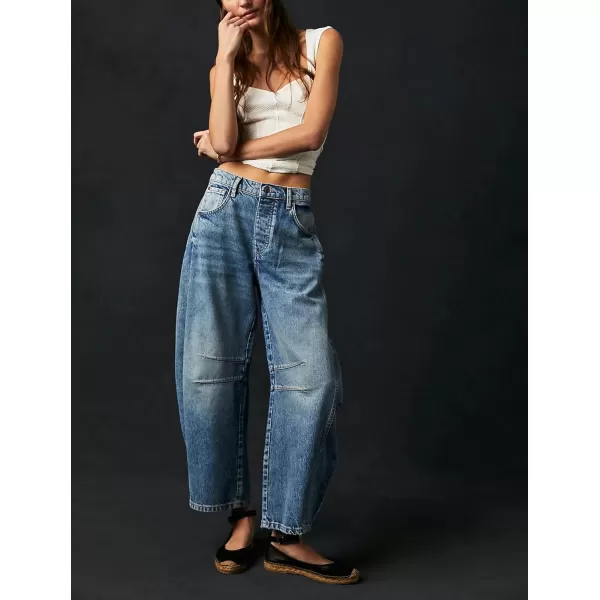 chouyatou Womens Boyfriend Wide Leg Denim Pants Y2K Baggy Mid Rise Casual Dressy Barrel Jeans with PocketsBlue