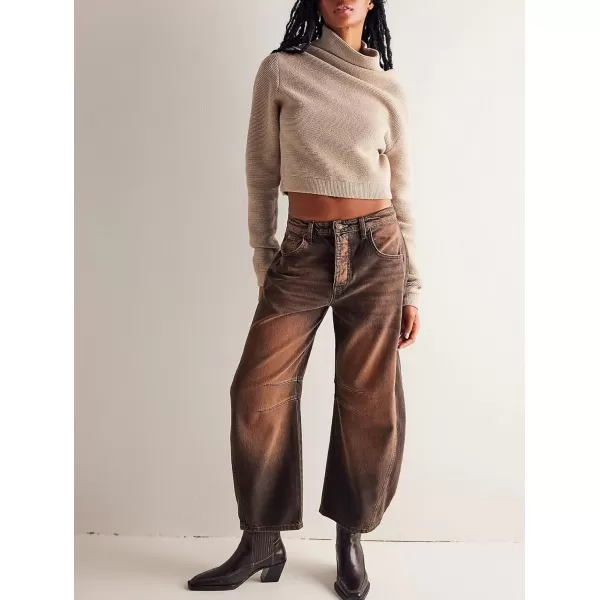 chouyatou Womens Boyfriend Wide Leg Denim Pants Y2K Baggy Mid Rise Casual Dressy Barrel Jeans with PocketsCaramel