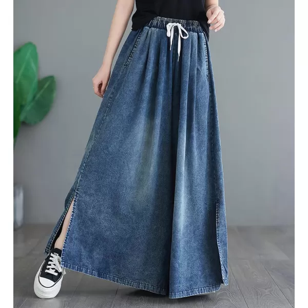 chouyatou Womens Casual Wide Leg Denim Pants Baggy Culotte Jeans Drawstring Waist Loose TrousersDark Blue