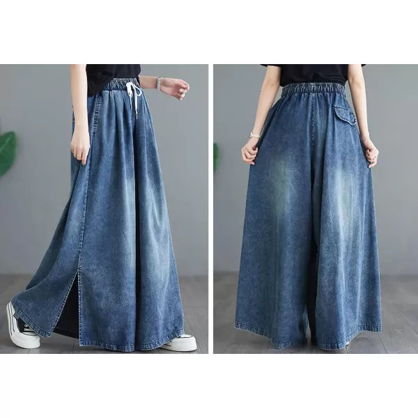 chouyatou Womens Casual Wide Leg Denim Pants Baggy Culotte Jeans Drawstring Waist Loose TrousersDark Blue