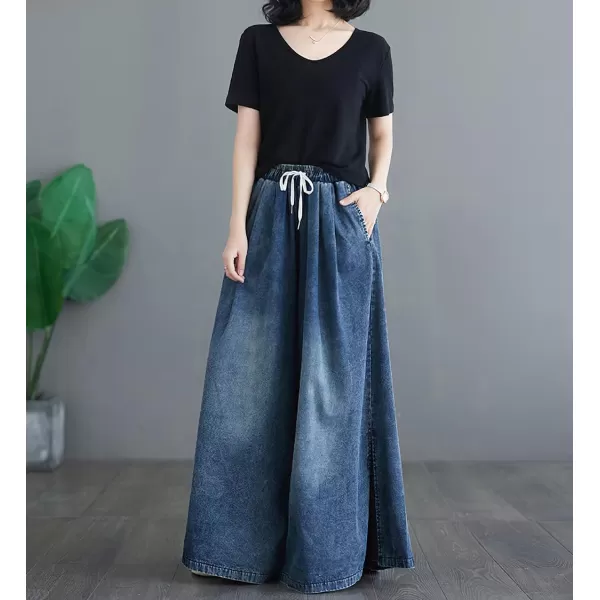 chouyatou Womens Casual Wide Leg Denim Pants Baggy Culotte Jeans Drawstring Waist Loose TrousersDark Blue