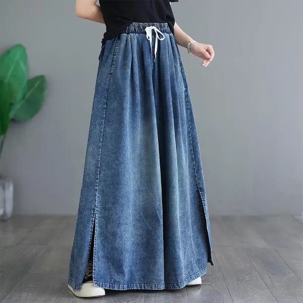 chouyatou Womens Casual Wide Leg Denim Pants Baggy Culotte Jeans Drawstring Waist Loose TrousersDark Blue