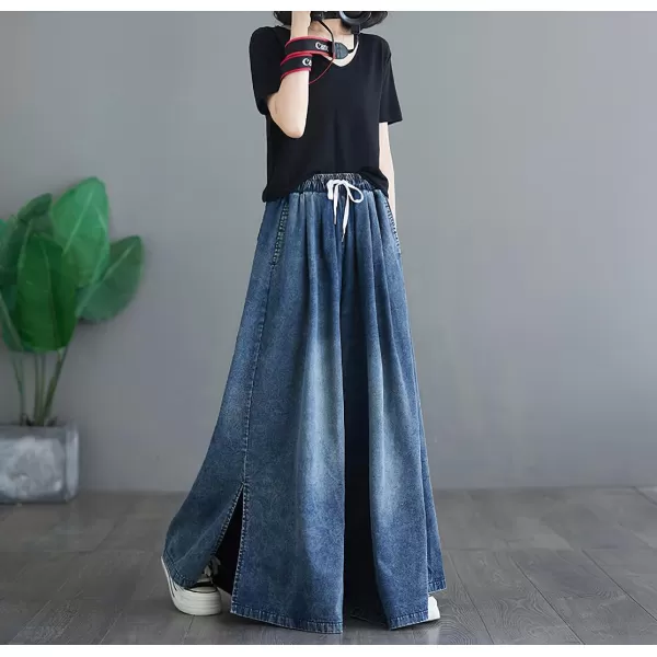 chouyatou Womens Casual Wide Leg Denim Pants Baggy Culotte Jeans Drawstring Waist Loose TrousersDark Blue
