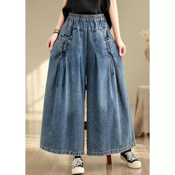 chouyatou Womens Casual Wide Leg Denim Pants Baggy Culotte Jeans Elastic Waist Loose TrousersDark Blue