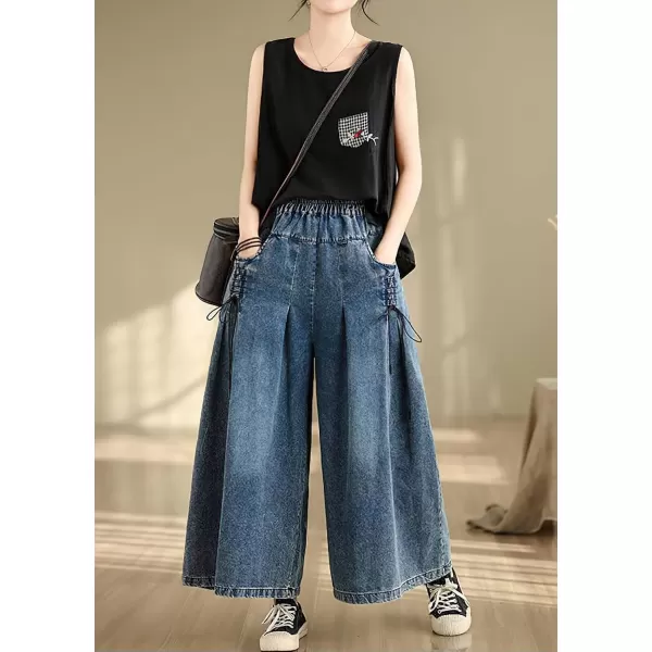 chouyatou Womens Casual Wide Leg Denim Pants Baggy Culotte Jeans Elastic Waist Loose TrousersDark Blue
