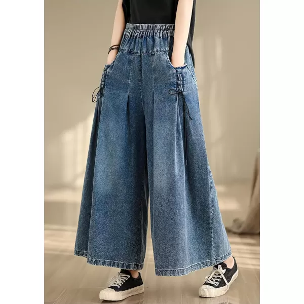 chouyatou Womens Casual Wide Leg Denim Pants Baggy Culotte Jeans Elastic Waist Loose TrousersDark Blue