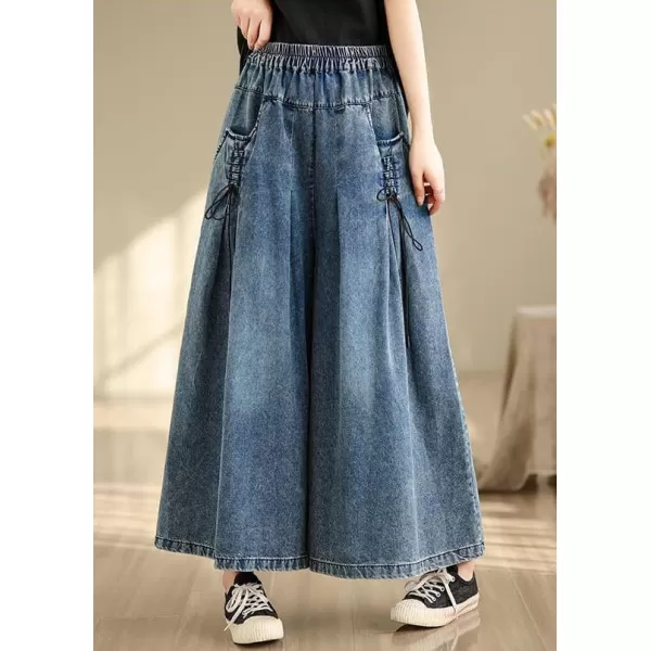 chouyatou Womens Casual Wide Leg Denim Pants Baggy Culotte Jeans Elastic Waist Loose TrousersDark Blue