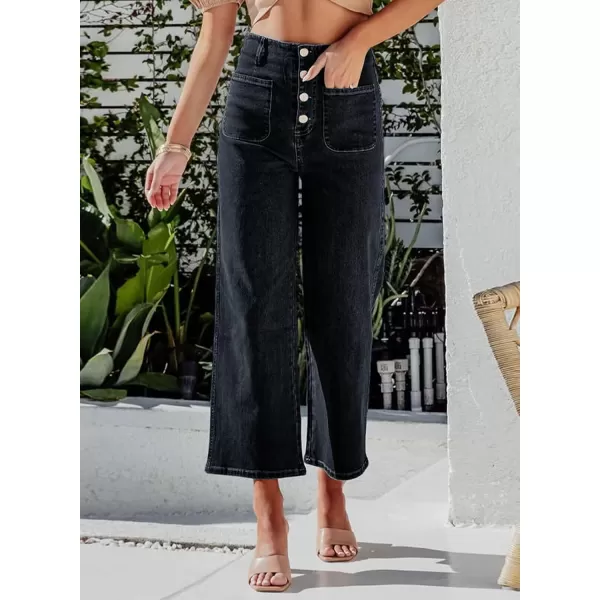 chouyatou Womens Fashion Button Up High Waisted Crop Jeans Business Casual Denim Pants TrousersBlack