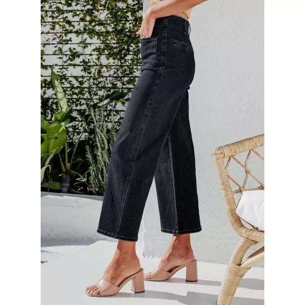 chouyatou Womens Fashion Button Up High Waisted Crop Jeans Business Casual Denim Pants TrousersBlack
