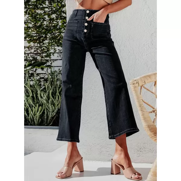 chouyatou Womens Fashion Button Up High Waisted Crop Jeans Business Casual Denim Pants TrousersBlack