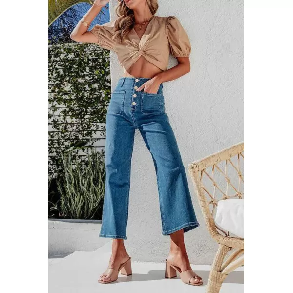 chouyatou Womens Fashion Button Up High Waisted Crop Jeans Business Casual Denim Pants TrousersDenim Blue