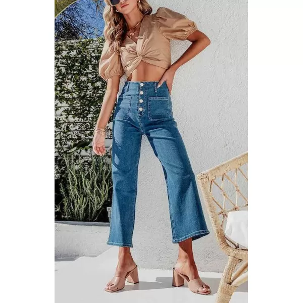 chouyatou Womens Fashion Button Up High Waisted Crop Jeans Business Casual Denim Pants TrousersDenim Blue