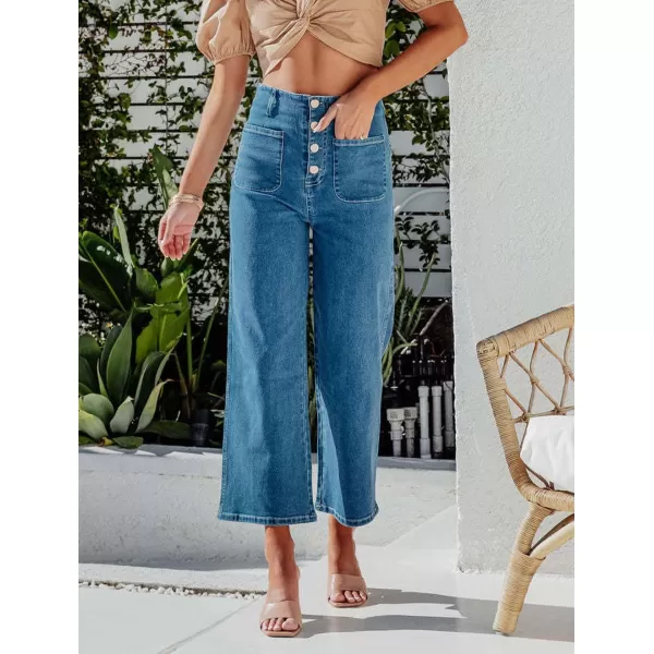 chouyatou Womens Fashion Button Up High Waisted Crop Jeans Business Casual Denim Pants TrousersDenim Blue