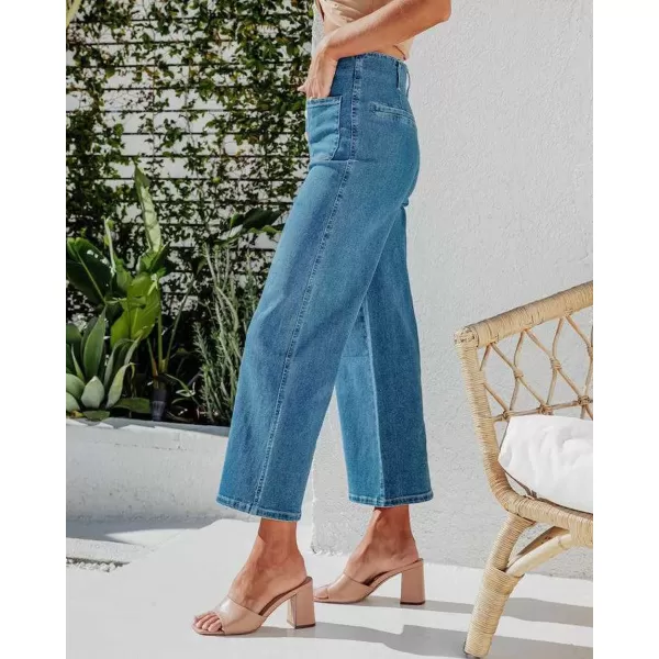 chouyatou Womens Fashion Button Up High Waisted Crop Jeans Business Casual Denim Pants TrousersDenim Blue
