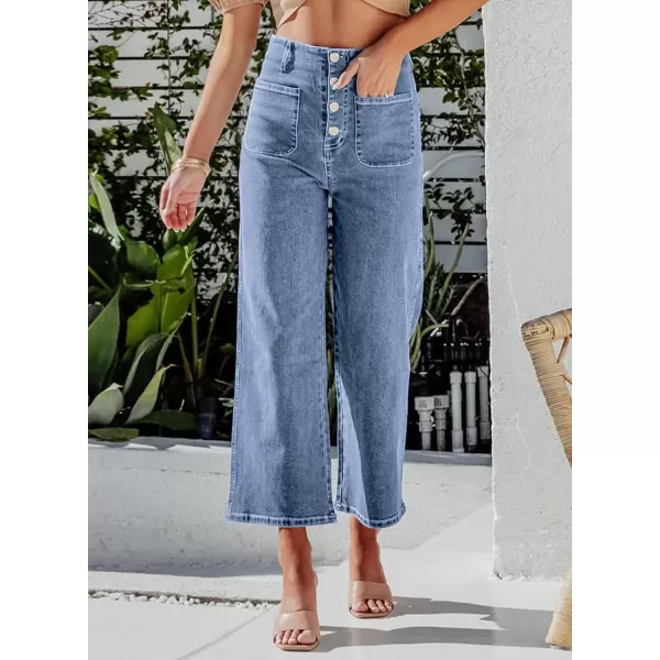 chouyatou Womens Fashion Button Up High Waisted Crop Jeans Business Casual Denim Pants TrousersLight Blue
