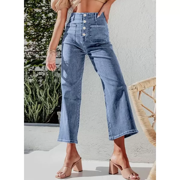 chouyatou Womens Fashion Button Up High Waisted Crop Jeans Business Casual Denim Pants TrousersLight Blue