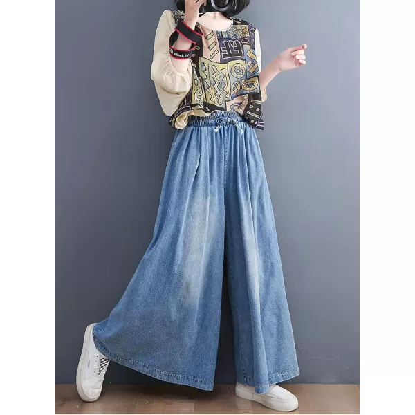 chouyatou Womens High Waist Wide Leg Jeans Trousers Baggy Casual Denim Palazzo Pants CulottesBlue