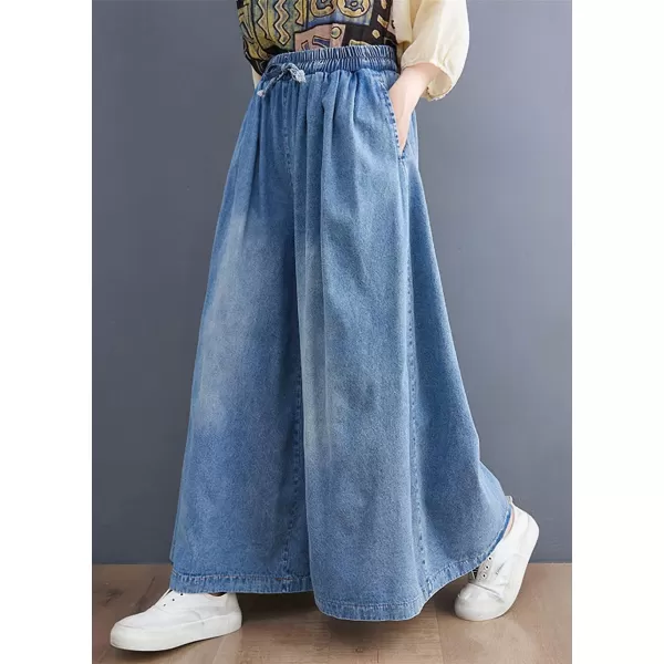 chouyatou Womens High Waist Wide Leg Jeans Trousers Baggy Casual Denim Palazzo Pants CulottesBlue