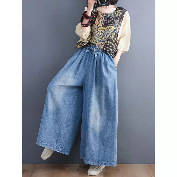 chouyatou Womens High Waist Wide Leg Jeans Trousers Baggy Casual Denim Palazzo Pants CulottesBlue