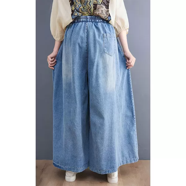 chouyatou Womens High Waist Wide Leg Jeans Trousers Baggy Casual Denim Palazzo Pants CulottesBlue