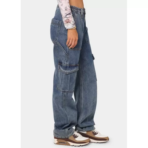 chouyatou Womens Multi Pockets Cargo Utility Denim Pants Y2K High Waisted Pants Jeans StreetwearBlue Grey