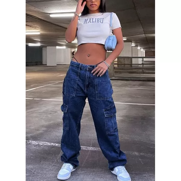 chouyatou Womens Multi Pockets Cargo Utility Denim Pants Y2K High Waisted Pants Jeans StreetwearDark Blue