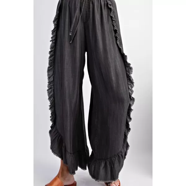 chouyatou Womens Summer Bobo Flared Denim Pants Wide Leg Ruffled Edge Dressy Jean Pants CulottesBlack