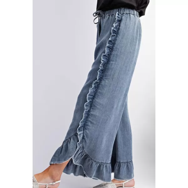chouyatou Womens Summer Bobo Flared Denim Pants Wide Leg Ruffled Edge Dressy Jean Pants CulottesBlue
