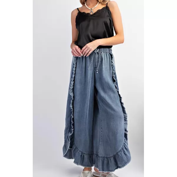 chouyatou Womens Summer Bobo Flared Denim Pants Wide Leg Ruffled Edge Dressy Jean Pants CulottesBlue