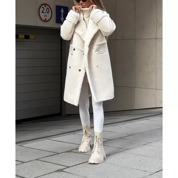 chouyatou Womens Winter Notched Lapel Double Breasted Sherpa Fleece Faux Suede Leather Long Trench Coat with PocketsApricot