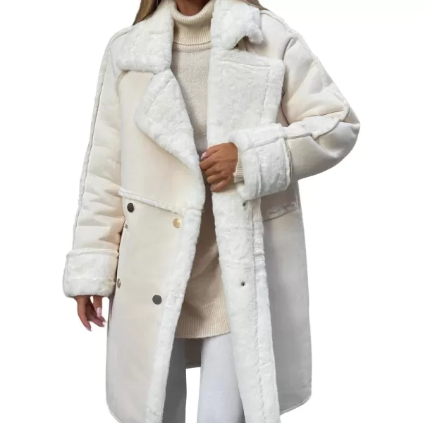chouyatou Womens Winter Notched Lapel Double Breasted Sherpa Fleece Faux Suede Leather Long Trench Coat with PocketsApricot