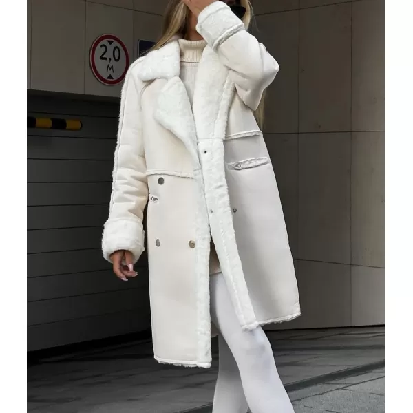 chouyatou Womens Winter Notched Lapel Double Breasted Sherpa Fleece Faux Suede Leather Long Trench Coat with PocketsApricot
