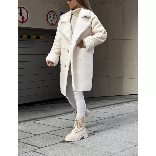 chouyatou Womens Winter Notched Lapel Double Breasted Sherpa Fleece Faux Suede Leather Long Trench Coat with PocketsApricot