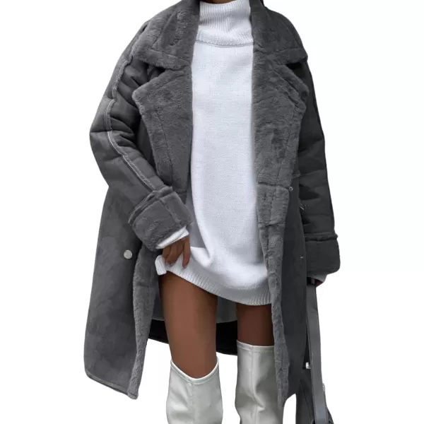 chouyatou Womens Winter Notched Lapel Double Breasted Sherpa Fleece Faux Suede Leather Long Trench Coat with PocketsDark Gray