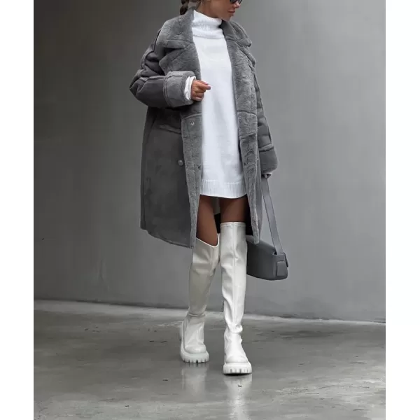 chouyatou Womens Winter Notched Lapel Double Breasted Sherpa Fleece Faux Suede Leather Long Trench Coat with PocketsDark Gray