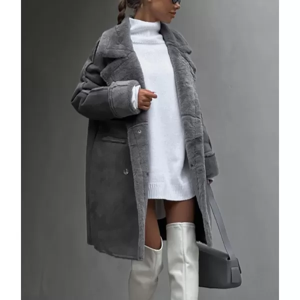 chouyatou Womens Winter Notched Lapel Double Breasted Sherpa Fleece Faux Suede Leather Long Trench Coat with PocketsDark Gray
