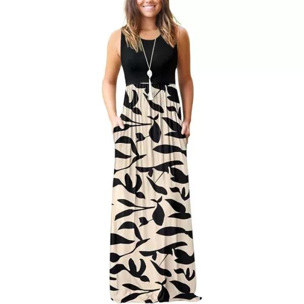 MOLERANI Womens Loose Plain Maxi Dresses Casual Long Dresses with Pockets02 Apricot Black Leaf