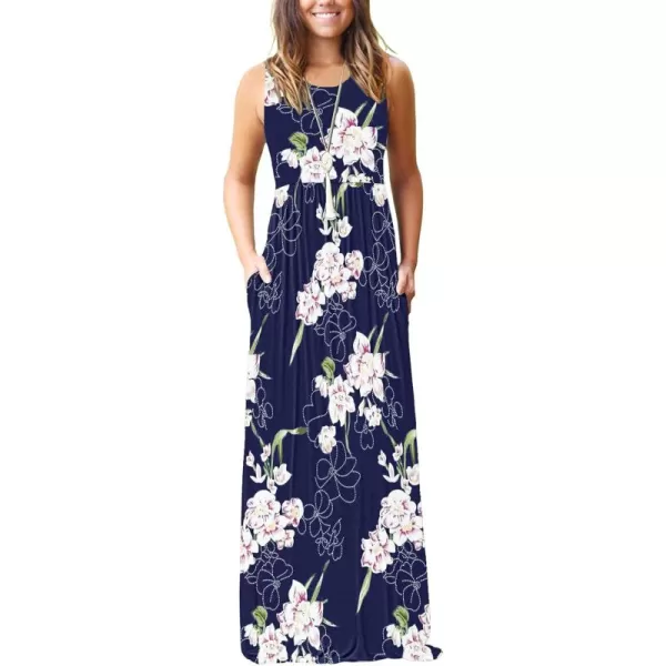 MOLERANI Womens Loose Plain Maxi Dresses Casual Long Dresses with Pockets02 Navy Blue Flower