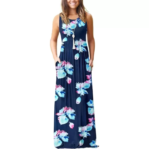MOLERANI Womens Loose Plain Maxi Dresses Casual Long Dresses with Pockets02 Navy Pink Flower