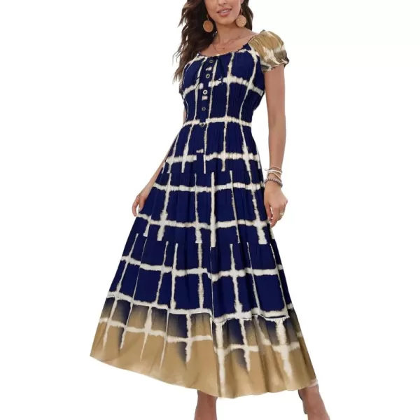 OSTOO Womens 2024 Summer Short Sleeves Boho Floral Print Tiered Casual Flowy Long Maxi DressBlue Plaid Gradient