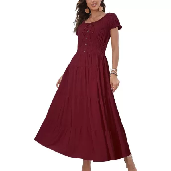 OSTOO Womens 2024 Summer Short Sleeves Boho Floral Print Tiered Casual Flowy Long Maxi DressBurgundy