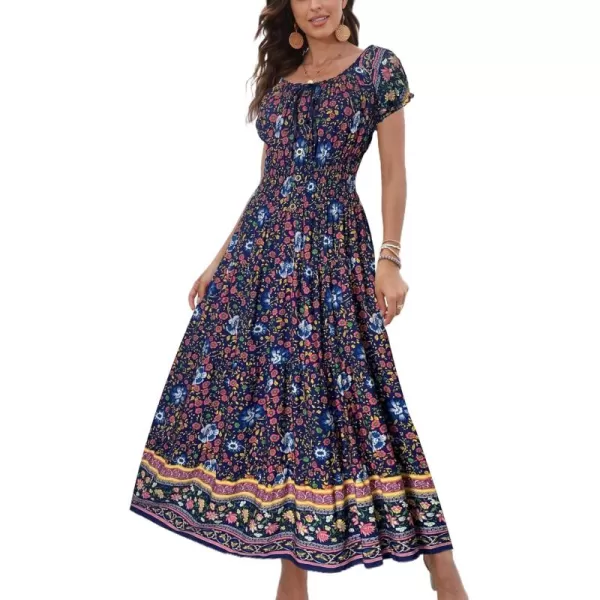 OSTOO Womens 2024 Summer Short Sleeves Boho Floral Print Tiered Casual Flowy Long Maxi DressDark Blue