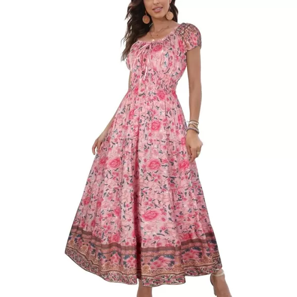 OSTOO Womens 2024 Summer Short Sleeves Boho Floral Print Tiered Casual Flowy Long Maxi DressFlowers Pink