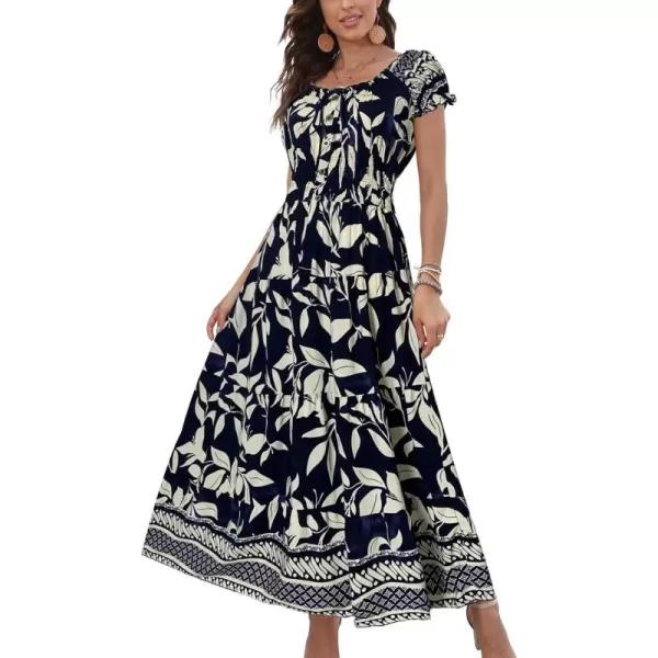 OSTOO Womens 2024 Summer Short Sleeves Boho Floral Print Tiered Casual Flowy Long Maxi DressNavy Leaf Flowers