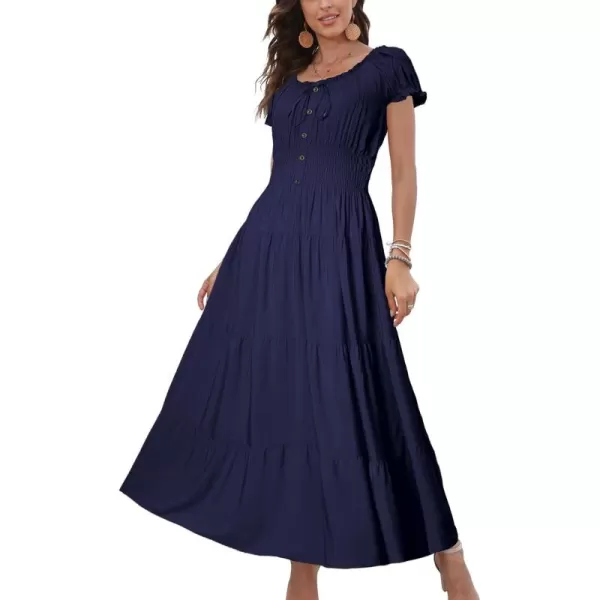 OSTOO Womens 2024 Summer Short Sleeves Boho Floral Print Tiered Casual Flowy Long Maxi DressSolid Navy