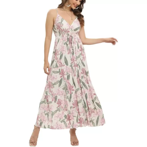 OSTOO Womens Floral Print Maxi Dresses Sleeveless Sleeves Boho Empire Waist DressApricot C